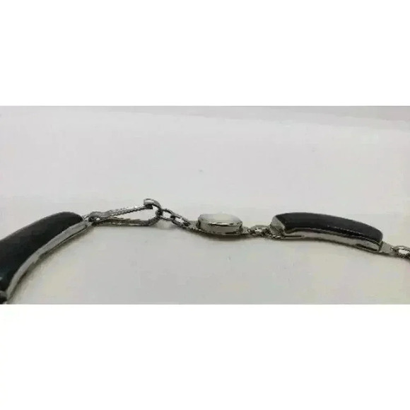 Vintage Necklace Clip Earrings Silver Onyx & Mother Of Pearl Hong Kong 1950s - Picture 14 of 15